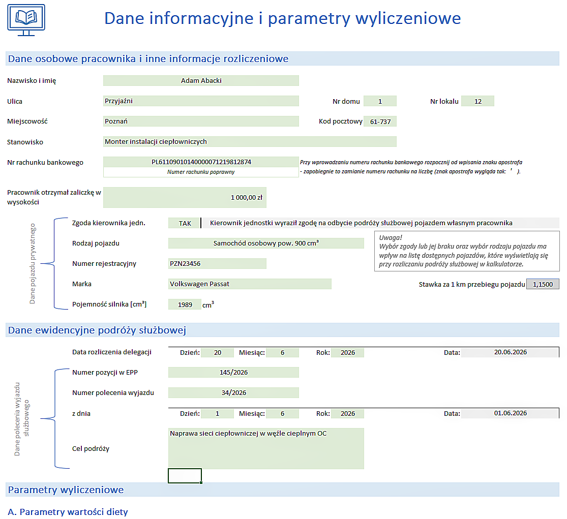 Dane osobowe i parametry kosztów rozliczenia podróży służbowej